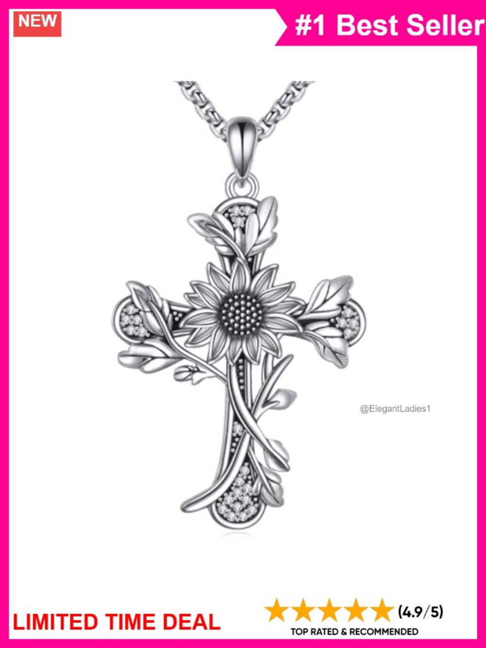 925 Sterling Silver Sunflower Cross Pendant Necklace 22in Stainless Steel Chain